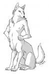 5_fingers arm_tuft black_nose butt_tuft chest_tuft claws fingers fluffy fluffy_tail hands_on_waist looking_at_viewer nipples nude simple_background sitting smile solo tail tuft white_background j-c canid canid_taur canine canine_taur canis coyote coyote_taur mammal mammal_taur taur 2005 full-length_portrait monochrome portrait signature