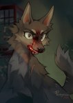 ambiguous_gender black_nose blood blood_on_face bodily_fluids cheek_tuft facial_tuft fangs feral fur grey_body grey_fur light looking_at_viewer scar solo teeth tuft reysi canid canine mammal 2024 digital_media_(artwork) lighting signature