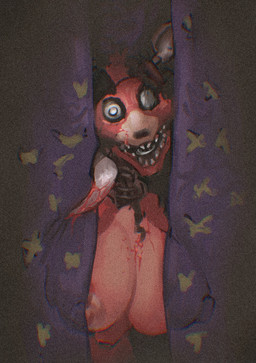 anthro areola big_breasts black_nose blood bodily_fluids breasts crossgender curtains female front_view fur hook hook_hand huge_breasts machine nipples open_mouth pink_areola pink_nipples red_body red_fur solo white_eyes ruddyrzaq five_nights_at_freddy's five_nights_at_freddy's_2 scottgames foxy_(fnaf) withered_foxy_(fnaf) animatronic canid canine fox mammal robot hi_res