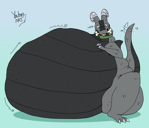 ambiguous_gender belly big_belly black_belly blue_background bone bone_in_mouth claws collar feral green_collar green_eyes grey_arms grey_body grey_horn grey_legs grey_tail horn huge_belly hyper hyper_belly looking_at_viewer overweight simple_background solo tail tail_motion tailwag text toony white_claws yauhasart canid canine mammal 2026 english_text flat_colors hi_res watermark
