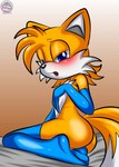 aged_up anthro armwear bed blue_eyes blush butt clothed clothing crossdressing femboy fox_tail fur furniture gradient_background half-closed_eyes legwear looking_at_viewer male multicolored_tail narrowed_eyes on_bed open_mouth simple_background solo tail yellow_body yellow_fur sirjzau sega sonic_the_hedgehog_(series) sonic_x miles_prower canid canine fox mammal absurd_res hi_res