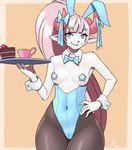 anthro blue_eyes bow_(feature) bow_tie breasts bunny_costume bunny_headband cake clothing collar container costume cuffs_(clothing) cup dessert female food fruit fur horn legwear leotard pasties plant ribbons small_breasts smile solo stockings strawberry tea_cup tray white_body white_fur furball bovid caprine mammal sheep hi_res