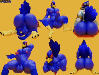 abs anthro anus backsack balls beak big_butt big_penis blue_body blue_feathers bodily_fluids butt claws clothing erection feathers genital_fluids genitals glans jacket looking_at_viewer looking_back looking_back_at_viewer male nipples nude_anthro nude_male pecs penis precum simple_background solo tail tail_feathers toe_claws topwear yellow_background yellow_beak yellow_talons camseven nintendo star_fox falco_lombardi avian bird 3d_(artwork) digital_media_(artwork) hi_res