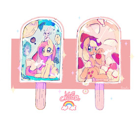 apple clothing cowboy_hat female food fruit green_eyes group hat headgear headwear plant popsicle trio poneko-chan friendship_is_magic hasbro my_little_pony angel_(mlp) applejack_(mlp) fluttershy_(mlp) equid equine horse lagomorph leporid mammal pony rabbit hi_res