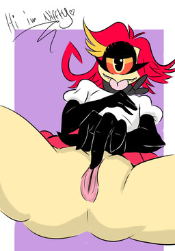 1_eye anus blonde_hair butt clothed clothing dialogue fangs female genitals hair masturbation multicolored_hair partially_clothed red_hair simple_background solo teeth text tongue tongue_out two_tone_hair vulva aptom7747 hazbin_hotel hellaverse niffty_(hazbin_hotel) cyclops demon humanoid absurd_res english_text hi_res
