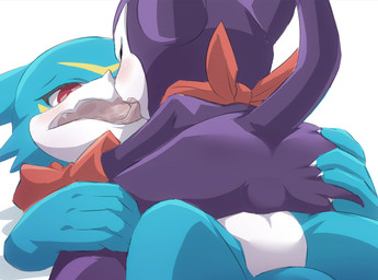 anthro anthro_on_anthro blue_body blue_fingers blue_hands blue_legs bodily_fluids butt butt_grab claws clothed clothing duo featureless_crotch finger_claws french_kissing gloves hand_on_butt hand_on_leg handwear kerchief kissing leg_grab male neckerchief neckwear on_bottom on_top open_mouth purple_arms purple_body purple_butt purple_legs purple_tail red_clothing red_eyes red_gloves red_handwear red_kerchief red_neckerchief saliva shortstack shortstack_male spread_legs spreading tail tongue white_claws rusho bandai_namco digimon digimon_(species) impmon scalie veemon