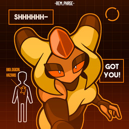 anthro black_body breasts dialogue female first_person_view looking_at_viewer machine multicolored_body orange_body orange_sclera solo text white_eyes yellow_body rem_phase nintendo pokemon vexa_(rem_phase) arthropod generation_4_pokemon humanoid pokemon_(species) robot vespiquen 1:1 2025 digital_media_(artwork) english_text hi_res