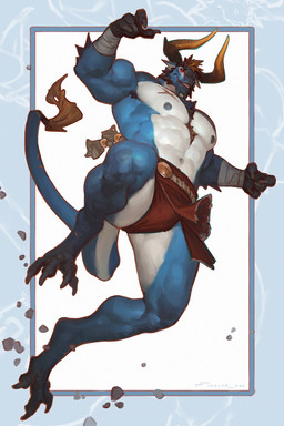 4_fingers abs action_pose anthro arm_wraps belly belt biceps big_muscles blue_body blue_eyes body_hair bottomwear chest_hair claws clothed clothing feet finger_claws fingers hair horn huge_muscles loincloth loincloth_only male muscular muscular_anthro muscular_male navel nipples pecs pose red_bottomwear red_clothing red_loincloth scar simple_background solo tail tail_tuft talons teeth thick_thighs toes topless tuft ventral_groove white_belly white_body wraps x_scar taran_fiddler mythology garrett_the_dragon_(taran_fiddler) dragon mythological_creature mythological_scalie scalie wingless_dragon 2026 2:3 digital_drawing_(artwork) digital_media_(artwork) hi_res signature