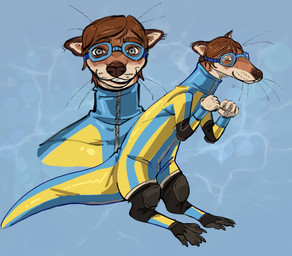 alternate_species anthro blue_bodysuit blue_clothing blue_eyewear blue_goggles blue_skinsuit bodily_fluids bodysuit brown_body brown_fur brown_hair clothing droplets elbow_pads eyewear fur glistening glistening_body goggles goggles_on_face grey_eyes hair knee_pads leaking long_snout male multicolored_bodysuit multicolored_clothing multicolored_skinsuit simple_background skinsuit smile snout solo sweat sweatdrop tight_clothing water wetsuit whiskers yellow_bodysuit yellow_clothing yellow_skinsuit zipper halacska-fins dispatch waterboy_(dispatch) afrosoricid mammal mustelid otter potamogale tenrec 2025 hi_res shaded