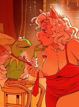anthro areola blonde_hair blue_eyes breasts clothing colored_lighting duo eyelashes female furniture green_body green_skin hair lipstick makeup male nipples one_breast_out open_mouth open_smile pillow red_lipstick romantic romantic_ambiance shirt smile snout stool topwear white_clothing white_shirt white_topwear bonerbob muppets kermit_the_frog miss_piggy amphibian domestic_pig frog mammal suid suine sus_(pig) hi_res