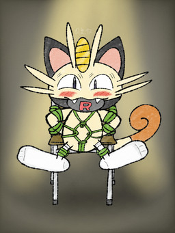 bdsm bondage bound captured clothing embarrassed footwear restrained rope socks devluca17 nintendo pokemon generation_1_pokemon meowth pokemon_(species) absurd_res hi_res