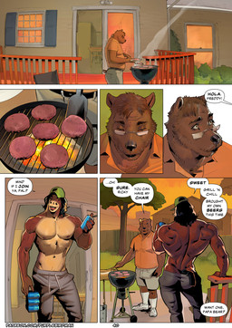 5_fingers alcohol anthro back_muscles backyard barbecue beer beverage beverage_can big_muscles black_hair bottomwear brown_body burger_patty butt clothed clothing collared_shirt cooking dialogue duo evening eyewear fingers glasses green_clothing green_hat green_headwear hair hat headgear headwear long_hair long_socks male muscular muscular_anthro muscular_male nipples orange_clothing orange_shirt orange_topwear outside pants partially_clothed shirt shorts spanish speech_bubble sunset sweatpants teeth text tooth_gap topless topless_anthro topless_male topwear wearing_glasses purplebirdman freddy_(purplebirdman) papa_bear ricky_(purplebirdman) bear brown_bear equid equine horse mammal ursine 2026 better_version_at_paywall colored comic detailed digital_drawing_(artwork) digital_media_(artwork) english_text multiple_scenes shaded url