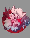 anthro big_breasts blood bodily_fluids breasts column female gesture gore hand_gesture head_grab jaws red_eyes solo tongue tongue_out v_sign white_body foxgumie canid canine fox mammal hi_res