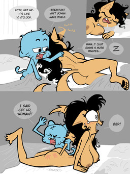after_sex age_difference anthro bed big_breasts big_butt black_hair blue_body blush bodily_fluids breasts butt butt_slap claws dialogue drooling duo fangs feet female furniture hair heart_pupils inside looking_at_another male markings messy_hair morning nude onomatopoeia pawpads saliva shota slap slap_mark sleeping small_waist sound_effects speech_bubble tan_body tears teeth text toe_claws twitching_ear waking_up whisker_markings young mateora cartoon_network nickelodeon t.u.f.f._puppy the_amazing_world_of_gumball gumball_watterson kitty_katswell domestic_cat felid feline felis mammal 2025 colored comic crossover hi_res