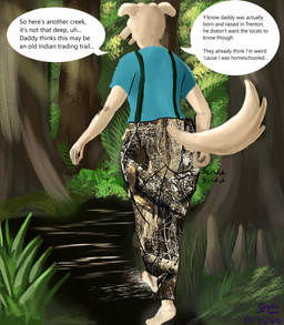 anthro barefoot bottomwear butt_scratch camo camo_bottomwear camo_clothing camo_print clothed clothing dialogue fangs feet female fern fur grass light light_beam moxie_(gotadraw) nature nature_background partially_submerged pattern_bottomwear pattern_clothing plant raised_tail rear_view shirt solo speech_bubble sunbeam sunlight suspenders swamp tail tan_body tan_fur teeth text topwear tree voyeur_pov walking gotadraw canid canine canis carolina_dog domestic_dog mammal absurd_res english_text hi_res