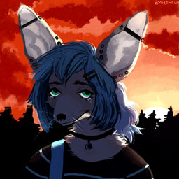 accessory blue_hair bodily_fluids choker crying ear_piercing female forest fur green_eyes grey_body grey_fur hair hair_accessory industrial_piercing inner_ear_fluff jewelry necklace piercing plant red_sky sky solo sunset tears tree tuft whiskers cyberzyd canid canine fennec_fox fox mammal true_fox 1:1 2019 bust_portrait digital_media_(artwork) digital_painting_(artwork) hi_res icon painting_(artwork) portrait shaded