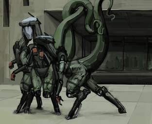 ambiguous_gender anthro cybernetics female group machine not_furry nuzzling tail trio zarzaliel cyborg scalie absurd_res digital_media_(artwork) hi_res