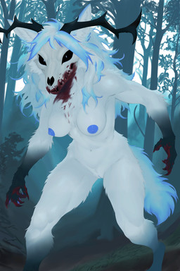 anthro antlers blood blood_on_face blood_on_hand bodily_fluids bone female female_anthro fur horn looking_at_viewer pose skull skull_head solo white_body white_fur fnuukybnuuy american_mythology indigenous_north_american_mythology mythology north_american_mythology canid canine canis mammal wendigo wolf absurd_res colored detailed digital_drawing_(artwork) digital_media_(artwork) hi_res