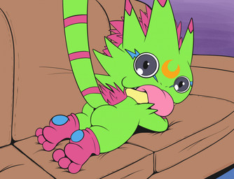 anthro blep butt furniture green_body green_scales grey_eyes lying male on_front scales shortstack shortstack_male smile sofa solo tongue tongue_out mrpandragon bandai_namco digimon digimon_(species) gekkomon scalie hi_res