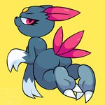 ambiguous_gender anthro black_body butt feathers feet female foot_focus forehead_gem gem looking_at_viewer looking_back red_eyes simple_background soles solo tail tail_feathers toes yellow_background krisispiss nintendo pokemon generation_2_pokemon pokemon_(species) sneasel 1:1 signature