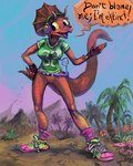 anthro beak belt bone_frill bottomless bracelet breasts claws clothed clothing electronics facial_horn featureless_crotch female frill_(anatomy) hand_on_hip headphones horn humor jewelry joke mountain music_player non-mammal_breasts nose_horn open_mouth orange_body orange_scales outside palm_tree partially_clothed pink_body pink_scales plant scales shirt solo speech_bubble spikes spikes_(anatomy) tail text topwear tree volcano fmirsokp ambient_lizard ceratopsian dinosaur ornithischian prehistoric_species reptile scalie triceratops 4:5 english_text hi_res