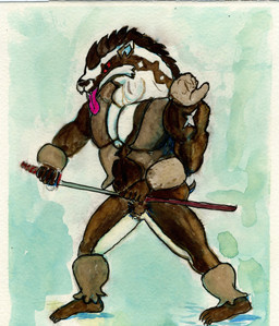 anthro drawing_sword featureless_crotch male melee_weapon pecs scan solo standing sword tongue tongue_out weapon erchon nintendo pokemon generation_8_pokemon obstagoon pokemon_(species) absurd_res hi_res painting_(artwork) watercolor_(artwork)