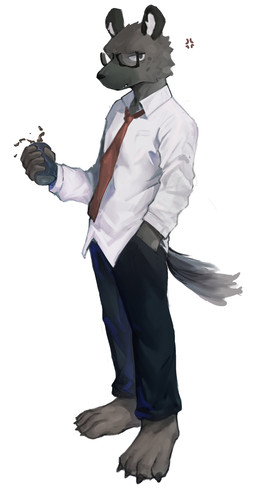 accessory angry anthro barefoot black_bottomwear black_clothing black_pants bottomwear brown_body brown_fur clothing container eyewear feet fur glasses jar looking_at_viewer male necktie pants shirt simple_background solo standing tail topwear white_background white_clothing white_shirt white_topwear qiushan_jiaoyan aggretsuko sanrio haida_(aggretsuko) hyena mammal 2026 absurd_res hi_res