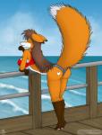 anthro bottomwear brown_hair butt clothed clothing cutoffs denim denim_bottomwear denim_clothing eyes_closed female hair leaning leaning_forward pier sea shorts skimpy sky smile solo standing tongue tongue_out water geckoguy123456789 leokitsune canid canine fox mammal 2012