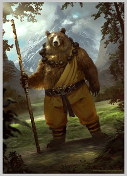 anthro beads belt black_nose border brown_body brown_fur clothed clothing day detailed_background fur grey_border holding_object male melee_weapon monk mountain outside sky solo staff standing weapon lasahido bear brown_bear mammal ursine 2015 hi_res