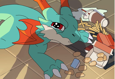 ambiguous_gender anthro bodily_fluids chicken_meat chicken_nugget crying detailed_background food fries green_body horn humor lying meat on_front on_ground shadow solo spilled_food tears wings matrixdragonn apu_spills_his_nuggies bandai_namco digimon digimon_(species) dracomon scalie hi_res meme