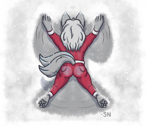 2_tails 3_toes 5_fingers anthro barefoot bottomwear butt clothed clothed_anthro clothed_female clothing feet female fingers fluffy fluffy_tail fully_clothed fully_clothed_anthro fully_clothed_female fur grey_body grey_fur grey_pawpads grey_tail hair high-angle_view light long_hair lying male male_anthro motion_lines multi_tail on_front outside pants pawpads paws pockets rear_view red_bottomwear red_clothing red_pants red_shirt red_topwear shirt snow snow_angel snowing solo straight_arms straight_legs tail toes topwear white_hair willow-and-trix azrael_(tertia) canid canine canis mammal wolf 2025 colored digital_drawing_(artwork) digital_media_(artwork) english_description full-length_portrait lighting portrait shaded signature