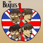 alternate_species anthro apple black_hair black_nose british flag food fruit fur furrification group hair logo looking_at_viewer male music open_mouth open_smile plant short_hair smile tan_body tan_fur toony union_jack jaeh the_beatles george_harrison john_lennon paul_mccartney ringo_starr canid canine canis domestic_dog mammal cel_shading digital_media_(artwork) shaded