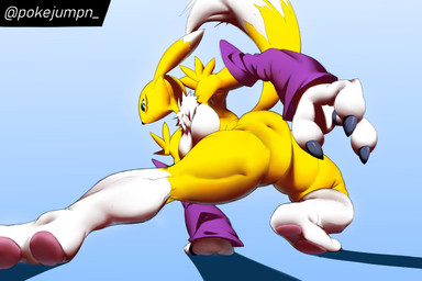 anthro arm_tuft armwear armwear_only big_butt black_nose black_sclera blue_background blue_eyes breasts butt claws clothing crouching dipstick_ears dipstick_tail ear_markings facial_markings female fur grey_claws head_markings looking_at_viewer looking_back looking_back_at_viewer markings mostly_nude multicolored_ears neck_tuft pawpads purple_armwear purple_clothing rear_view shoulder_tuft simple_background solo tail tail_markings thick_thighs tuft white_body white_fur wide_hips yellow_body yellow_fur pokejumpn bandai_namco digimon digimon_(species) renamon hi_res
