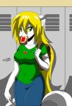 anthro bag blonde_hair bottomwear bread clothed clothing female food fur green_eyes hair jewelry locker looking_at_viewer necklace pants school shirt solo toast topwear blaze984 mastergodai katbox rascals kaity_diamond felid mammal