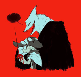 anthro blood blood_drip blood_on_hand blood_on_object blood_on_weapon bodily_fluids cape claws cloak clothing crying dripping duo ears_back ears_down finger_claws fur fuzzy green_eyes half-closed_eyes hand_on_head hand_on_shoulder hat headgear headwear holding_object holding_weapon looking_down male melee_weapon narrowed_eyes open_mouth open_smile orange_body orange_fur pivoted_ears poncho pupils rapier red_background scared sharp_teeth side_view simple_background size_difference small_pupils smile speech_bubble standing_behind sweat sweatdrop sword tears teeth weapon white_body white_fur wide_eyed kirbyzitos dreamworks puss_in_boots_(franchise) death_(puss_in_boots) puss_in_boots_(dreamworks) canid canine canis domestic_cat felid feline felis mammal tabby_cat wolf digital_drawing_(artwork) digital_media_(artwork) flat_colors hi_res