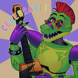 anthro bass_guitar black_eyebrows bodypaint bracelet claws close-up clothing exclamation_point eyebrows eyewear face_paint fangs glasses gloves green_body green_nose guitar hair half-closed_eyes handwear jewelry looking_at_viewer machine male mohawk multicolored_body musical_instrument narrowed_eyes open_mouth plucked_string_instrument purple_background red_eyes red_hair rockstar sharp_teeth short_hair simple_background solo spiked_bracelet spikes star star_glasses string_instrument teeth text yellow_background yellow_body cutiepocchari five_nights_at_freddy's five_nights_at_freddy's:_security_breach scottgames steel_wool_studios montgomery_gator alligator alligatorid animatronic crocodilian reptile robot scalie 1:1 2020 english_text half-length_portrait hi_res portrait