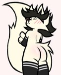 anthro big_butt big_tail blush butt clothing crossed_arms embarrassed femboy flustered legwear male rear_view solo tail thick_thighs thigh_highs feline_threat flour_feline_threat felid feline mammal hi_res