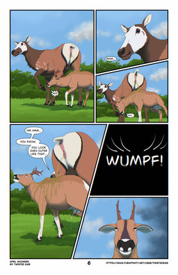 anatomically_correct anatomically_correct_genitalia anatomically_correct_penis anatomically_correct_vulva animal_genitalia animal_penis antlers anus bodily_fluids cervine_genitalia cervine_penis cloven_hooves detailed_background female feral genital_fluids genitals grass hooves horn larger_female male male/female peeing peeing_on_another penis plant precum sheath shrub size_difference smaller_male speech_bubble teats text tree udders urine vulva watersports twistedewe cascadia_(twistedewe) kairo_(twistedewe) cervine deer elk mammal new_world_deer roe_deer comic english_text hi_res url