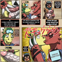 animal_genitalia animal_penis anthro armor balls blush bodily_fluids breasts clothing cybernetics dialogue digivice equine_genitalia equine_penis erection eyewear foreskin frottage genital_fluids genitals glans goggles gynomorph headgear helmet humanoid_genitalia humanoid_penis intersex kissing leaking machine male male/male medial_ring nipples partially_retracted_foreskin penile penis penises_touching precum pubes sex shortstack shortstack_gynomorph shortstack_intersex text vein veiny_penis wattles wings korncob bandai_namco digimon mythology korn_cob kuni_porcula cyborg digimon_(species) dinosaur equid equine guilmon mammal mythological_creature mythological_equine pegasus prehistoric_species reptile scalie 1:1 2026 comic digital_media_(artwork) english_text hi_res