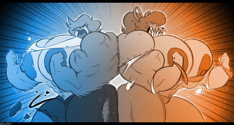 abs anthro big_breasts big_butt big_muscles black_bars blue_body blue_feathers bottomwear breast_expansion breasts butt clothing duo expansion feathers female flexing fur growth huge_breasts huge_muscles huge_thighs hyper hyper_breasts hyper_muscles muscle_growth muscular muscular_anthro muscular_arms muscular_female muscular_thighs nipples orange_body orange_fur pants thick_thighs torn_bottomwear torn_clothing torn_pants vein veiny_muscles lerntern undertale_(series) undertale_yellow ceroba_ketsukane martlet_(undertale_yellow) avian bird canid canine fox mammal hi_res letterbox