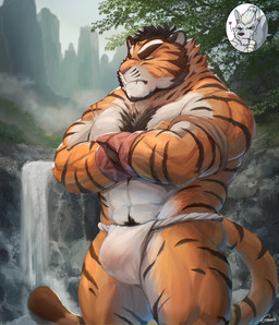 abs anthro asian_clothing body_hair bulge chest_hair clothing crossed_arms detailed_background east_asian_clothing eyes_closed fog fundoshi japanese_clothing male mountain muscular muscular_anthro muscular_male plant pube_peek pubes stalking tree underwear waterfall white_clothing white_fundoshi white_underwear en_gawein xxl_woofia lee_taeho shin_rirang felid mammal pantherine tiger hi_res