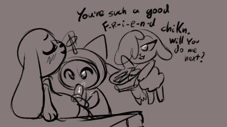 animal_genitalia animal_penis anthro anthro_on_anthro anthro_penetrated anthro_penetrating anthro_penetrating_anthro being_watched big_ears black_text blush blush_lines bodily_fluids canine_genitalia canine_penis clothed clothed/nude clothed_anthro clothed_female clothed_sex clothing costume dialogue erection eyebrows eyes_closed fellatio female female_anthro female_penetrated floppy_ears fur genitals group interspecies looking_at_another looking_pleasured male male/female male_anthro male_penetrating male_penetrating_female mind_control nude nude_anthro nude_male oral oral_penetration penetration penile penile_penetration penis penis_in_mouth saliva saliva_on_face saliva_on_penis sex sitting snout standing talking_to_another text trio voyeur wool_(fur) soulcentinel chikn_nuggit cheezborger_(chikn_nuggit) chikn_nuggit_(chikn_nuggit) cofi_(chikn_nuggit) bovid canid canine canis caprine domestic_cat domestic_dog felid feline felis mammal sheep 16:9 2026 2d_animation animated english_text greyscale handwritten_text loop monochrome sketch widescreen