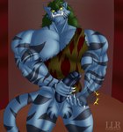 anthro balls biceps big_muscles blue_body blue_fur bodily_fluids bottomless clothed clothing cockslap erection fangs fur genital_fluids genitals green_hair hair humanoid_genitalia humanoid_penis looking_at_viewer male muscular muscular_anthro muscular_male nails nipples pecs penis penis_grab precum sabertooth_(anatomy) sharp_nails showing_teeth simple_background slap smile solo stripes teeth topwear tusks vein veiny_muscles klr-rio yu_yu_hakusho byakko_(yu_yu_hakusho) demon felid mammal pantherine tiger absurd_res digital_media_(artwork) hi_res