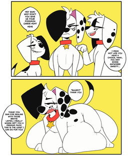 after_vore belly big_belly collar female feral group huge_belly overweight simple_background speech_bubble tail text trio vore white_body yellow_background aplefrit 101_dalmatian_street 101_dalmatians disney canid canine canis dalmatian domestic_dog mammal comic english_text hi_res