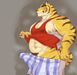 anthro belly big_pecs blue_clothing blue_eyes blue_underwear bodily_fluids boxers_(clothing) brown_pubes brown_stripes bulge butt clothed clothing clothing_lift countershade_arms countershade_face countershade_hands countershade_torso countershading detailed_bulge erection erection_under_clothing faceless_character fur genital_fluids grey_background groping_from_behind male multicolored_body multicolored_fur muscular muscular_anthro muscular_male navel nipples open_mouth open_smile pattern_clothing pattern_underwear pec_grab pecs pink_nipples pink_nose precum precum_through_clothing pubes red_clothing red_shirt red_tank_top red_topwear sharp_teeth shirt shirt_lift simple_background smile solo stained_underwear striped_body striped_boxers striped_clothing striped_fur striped_underwear stripes tan_body tan_countershading tan_fur tank_top tank_top_lift teeth topwear underwear wet wet_clothing yellow_body yellow_fur nurirast morenatsu torahiko_(morenatsu) felid mammal pantherine tiger 2023 colored hi_res