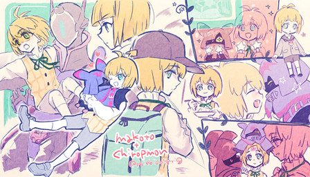 anthro backpack black_body black_fur blonde_hair cloak clothing cowl fur group hair hat headgear headwear hug male smile trio wings ebiebionigiri bandai_namco digimon digimon_beatbreak makoto_kuonji tsukasa_kuonji chiropmon digimon_(species) human mammal hi_res multiple_scenes