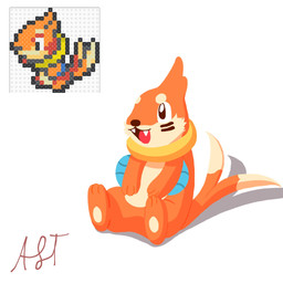 2_tails 3_fingers 3_toes ambiguous_gender black_nose cheek_tuft facial_tuft feet feral fingers fur long_tail multi_tail open_mouth orange_body orange_fur orange_tail simple_background sitting solo tail teeth text toes tongue tuft white_background fulgito_ast nintendo pokemon buizel generation_4_pokemon pokemon_(species) 1:1 2025 artist_name digital_media_(artwork) hi_res pixel_(artwork)