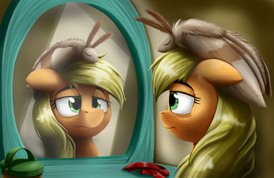 blonde_hair female feral freckles hair solo otakuap friendship_is_magic hasbro my_little_pony applejack_(mlp) fluffy_the_bringer_of_darkness arthropod earth_pony equid equine horse insect lepidopteran mammal moth pony 2014 absurd_res hi_res