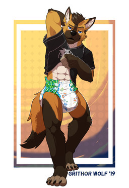 4_toes 5_fingers abs anthro arm_behind black_body black_clothing black_fur black_nose black_shirt black_topwear claws clothed clothing clothing_lift diaper ear_piercing feet fingers fur littlepawz_(diaper) looking_at_viewer male navel orange_body orange_fur piercing shirt shirt_lift solo toes topwear wearing_diaper wolfen2 abuniverse littlepawz canid canine canis domestic_dog fox husky hybrid mammal nordic_sled_dog spitz 2019 hi_res