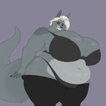 anthro belly belly_rolls big_breasts black_sclera bottomwear bottomwear_down bra breasts clothed clothing female grey_body hair highleg highleg_bottomwear huge_breasts looking_at_viewer narrowed_eyes obese overweight overweight_anthro overweight_female panties pants pants_down partially_clothed sharp_teeth smile solo tail teeth thick_tail thumb_in_waistband toothy_grin underwear undressing white_hair blueryker aurele_(blueryker) alien canid canine canis jackal mammal 1:1 digital_media_(artwork) hi_res